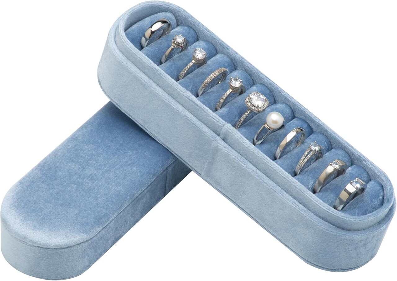 Velvet Small Multiple Ring Box Portable Organizer Display Jewelry Storage Travel Case Jewelry Earring Holder for Wedding Birthday Christmas Day (Light Ocean Blue)